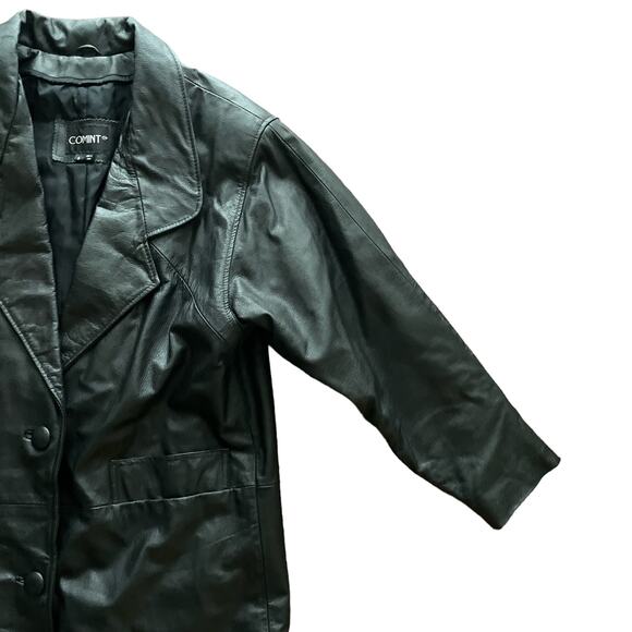 1990s VTG Comint Black 100% Leather Full Length Heavyweight Trench Coat Small - Picture 3 of 7